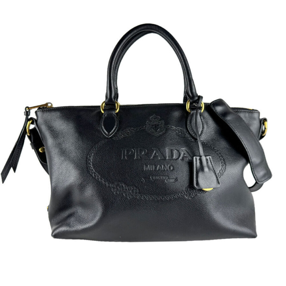 Prada 2way Shoulder Bag Leather Black Gold